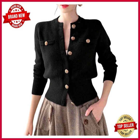 Sweaters - Fitted Cropped Cardigan Long Sleeve Button Up Knit Sweater Fall Fashion